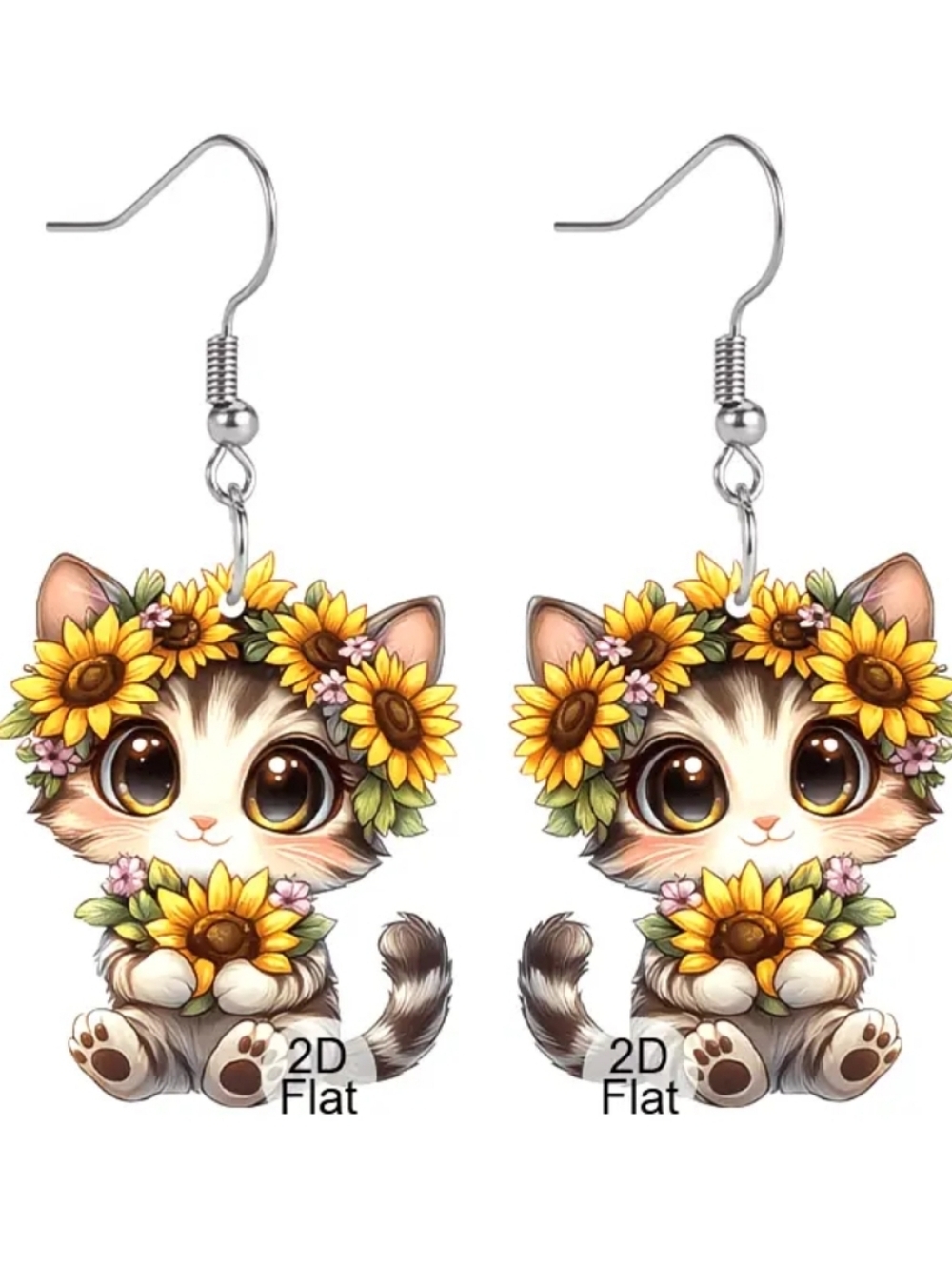 Hand Crafted Cute Sunflower Cat Dangle Earrings - Yellow